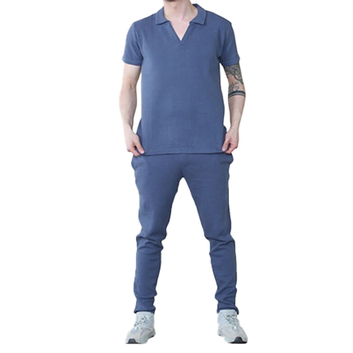 Stone Waffle Pattern Polo Short Sleeve Shirt and Trouser Set