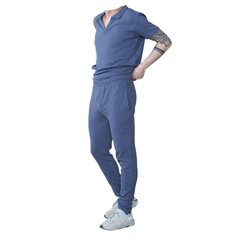 GENESIS-STONEb Stone Waffle Pattern Polo Short Sleeve Shirt and Trouser Set