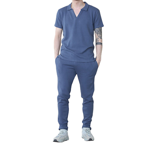 GENESIS-STONEc Stone Waffle Pattern Polo Short Sleeve Shirt and Trouser Set