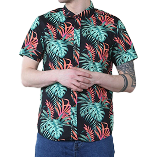 TBMK08786a Black Palm Tree Leaf Paradise Short Sleeve Shirt