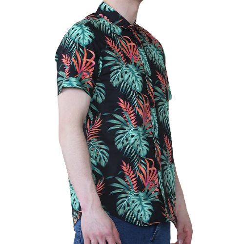 TBMK08786b Black Palm Tree Leaf Paradise Short Sleeve Shirt