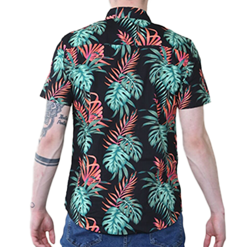 TBMK08786d Black Palm Tree Leaf Paradise Short Sleeve Shirt
