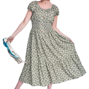 Geometric Print Shirred Waist Button Details Dress