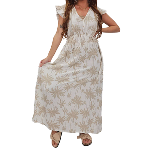 Palm Tree Print Empire Waist Cotton Dress