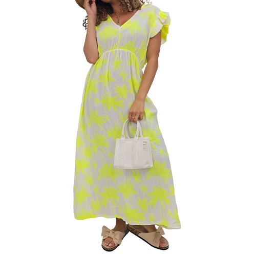 Palm Tree Print Empire Waist Cotton Dress
