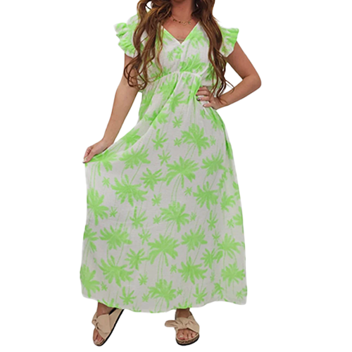 Palm Tree Print Empire Waist Cotton Dress
