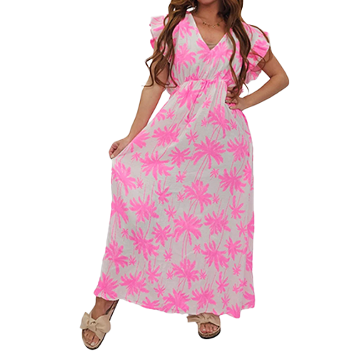 Palm Tree Print Empire Waist Cotton Dress
