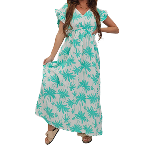 Palm Tree Print Empire Waist Cotton Dress
