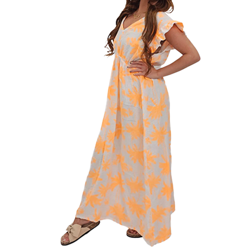 14614414-25005h Palm Tree Print Empire Waist Cotton Dress