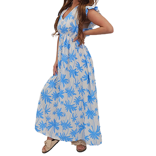 14614414-25005k Palm Tree Print Empire Waist Cotton Dress