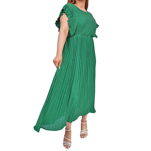 39328609-CN0143b Plain Pleated Flared Dress