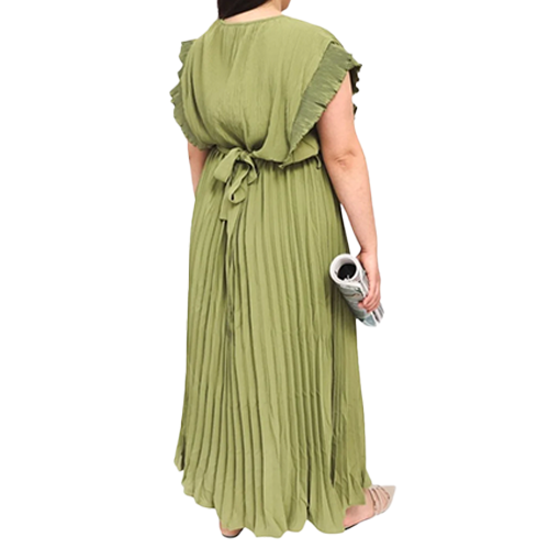 39328609-CN0143f Plain Pleated Flared Dress