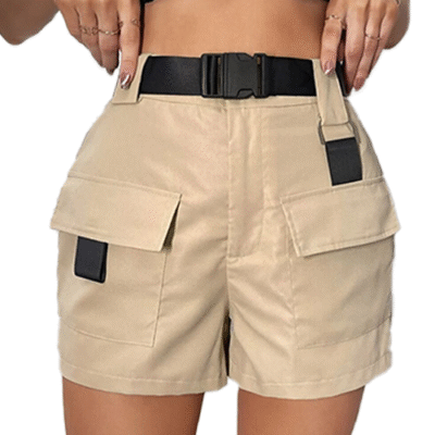 Flap Pocket Buckle Belted Cargo Shorts