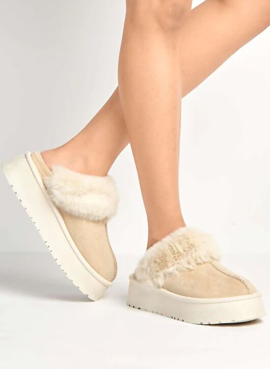Beige Chestnut Chunky Platform Faux Fur Slippers