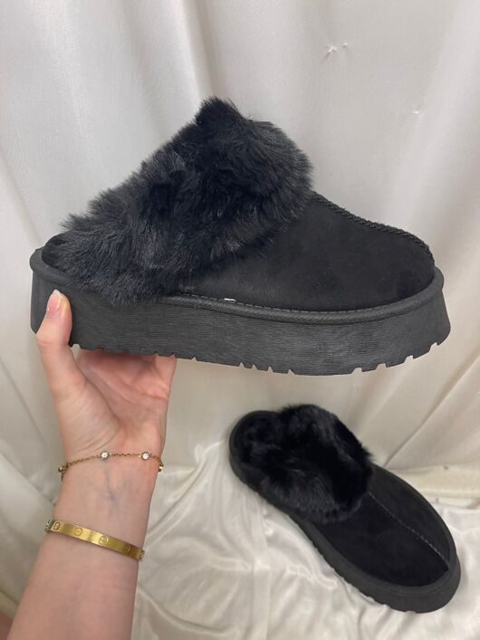 Black Chestnut Chunky Platform Faux Fur Slippers