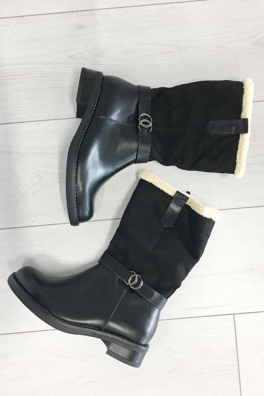 Black Faux Shearling Insert PU Belted Boots