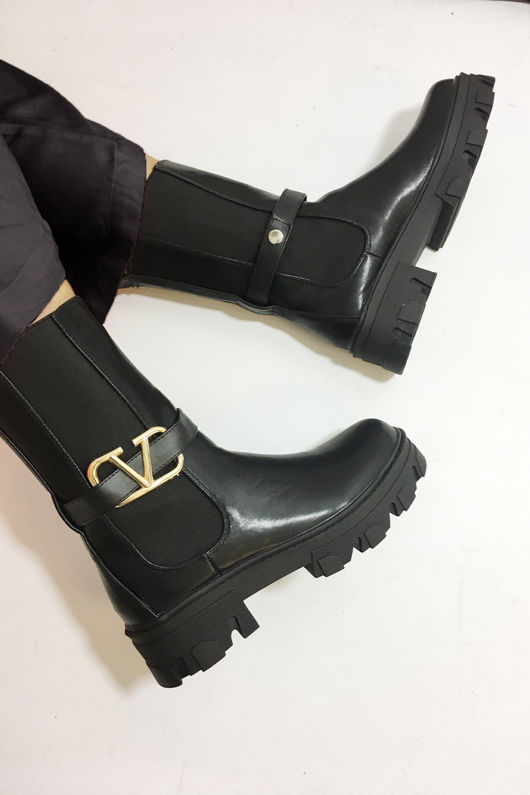 Black V Buckle Strap Calf High Chunky Boots