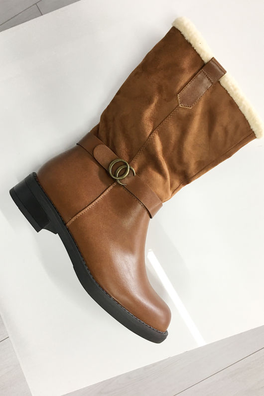 Camel Faux Shearling Insert PU Belted Boots