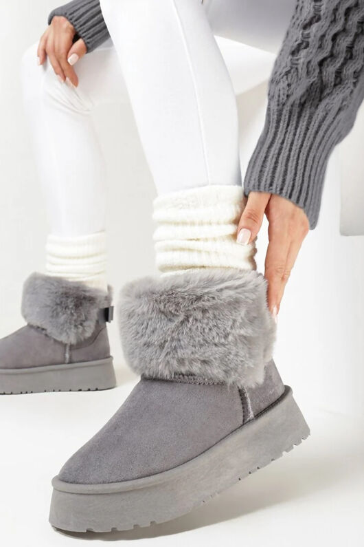Grey Faux Fur Lined Platform Ankle Boots