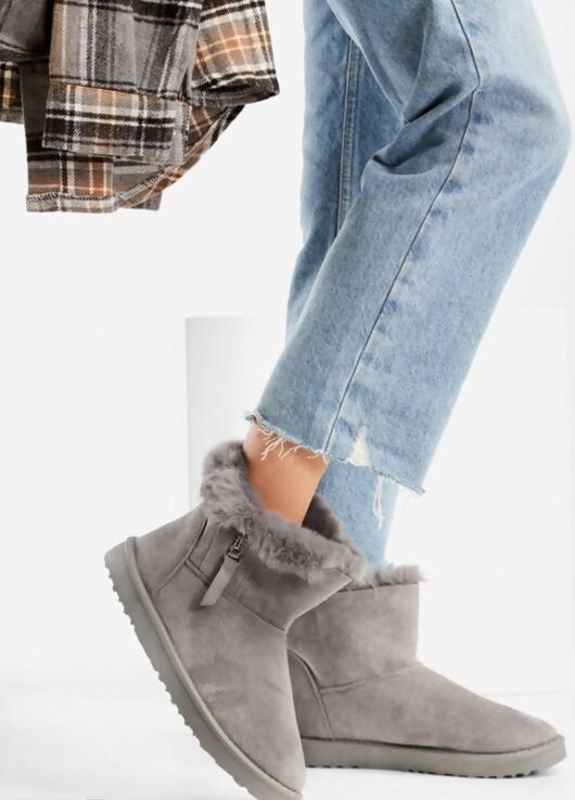 Grey Faux Fur Lined Zip Ankle Boots