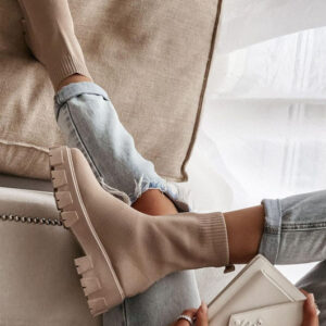 Sand Chunky Sole Sock Ankle Boots