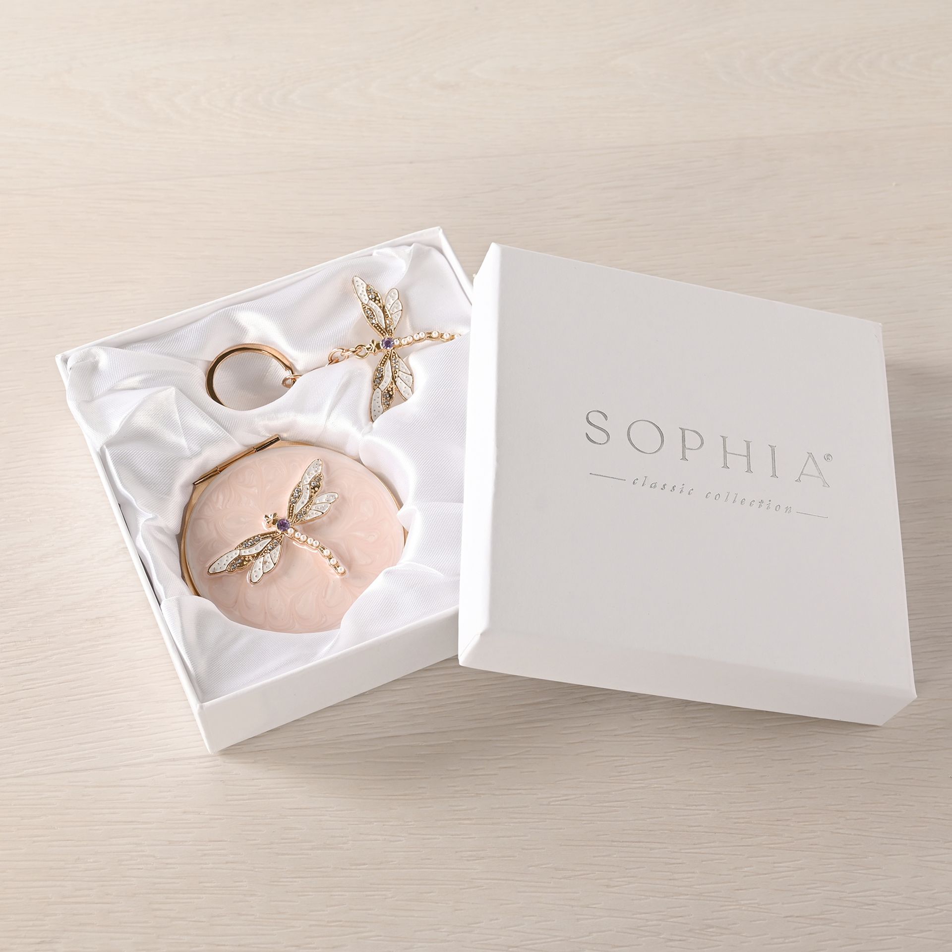 Sophia Classic Compact Mirror and Keyring Gift Set – Blush Dragonfly - Official Stock UK Sophia Classic Compact Mirror and Keyring Gift Set - Blush Dragonfly